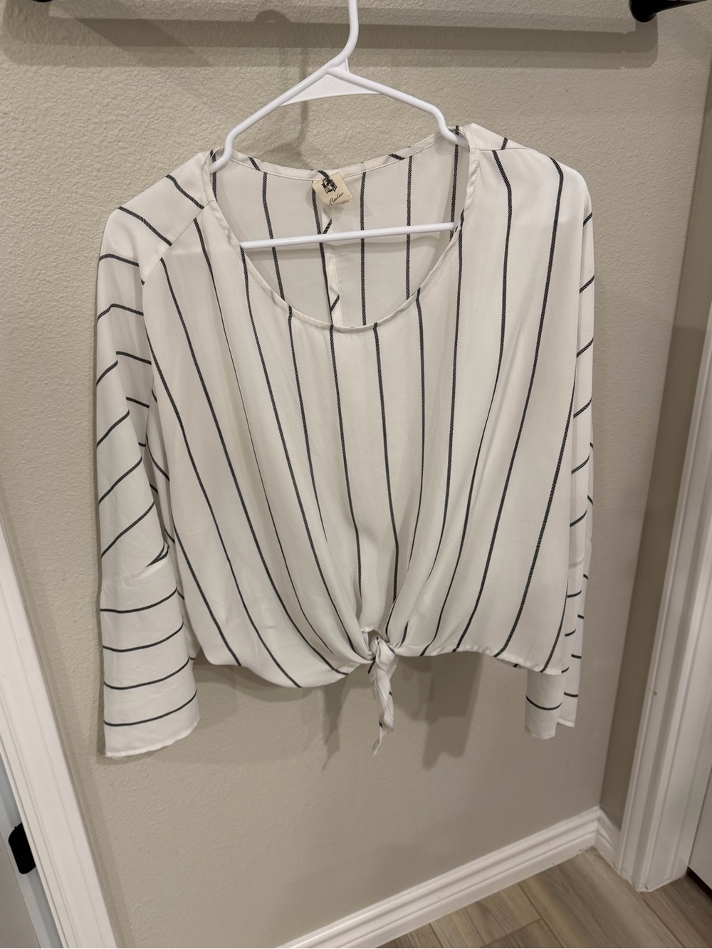 Striped White Tie-Front Blouse with Long Sleeves